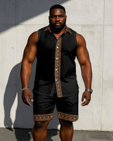 Men's Large Feature Patchwork Print Sleeveless Vest Shirt Shorts Suit